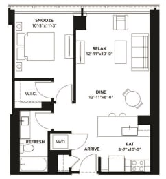 1 Bad 1 Bath Floor Plan with 725 Sq. Ft. at The Elle Apartments, Illinois