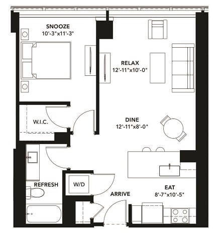 1 Bad 1 Bath Floor Plan with 725 Sq. Ft. at The Elle Apartments, Illinois