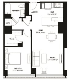 1 Bad 1 Bath Floor Plan with 830 Sq. Ft. at The Elle Apartments, Chicago, 60605