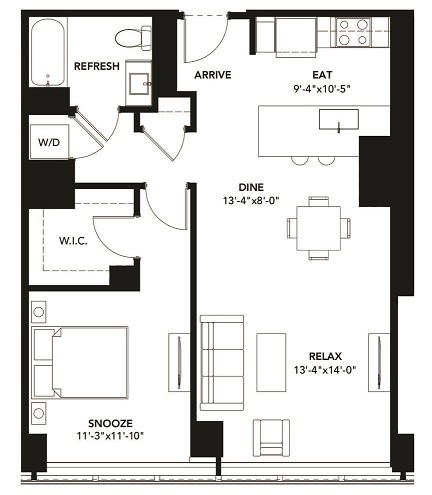 1 Bad 1 Bath Floor Plan with 830 Sq. Ft. at The Elle Apartments, Chicago, 60605