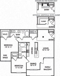 Brighton 2 bedroom apartment. kitchen with bar overlooking dining room-living room. optional extra entry closet. fireplace on 3rd floors. 2 baths. walk in closets. in-unit laundry. patio/balcony
