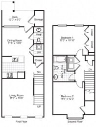 2 Bedroom 2 Bath Townhouse 2D Floorplan, Bedford Hill Apartments, Pittsburgh, PA
