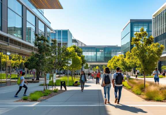 People walking on a pathway between modern buildings.