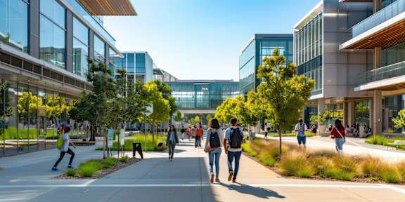 People walking on a pathway between modern buildings.