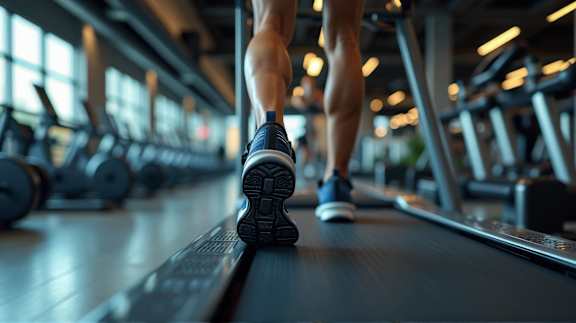 A person is running on a treadmill in a gym.