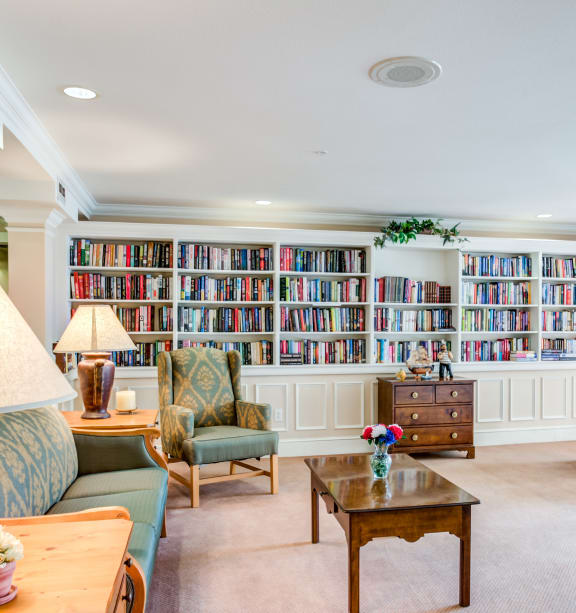 a living room filled with furniture and a book shelf