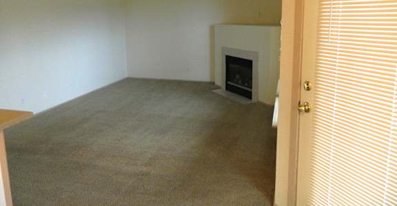 A room with a fireplace and carpeted floor.