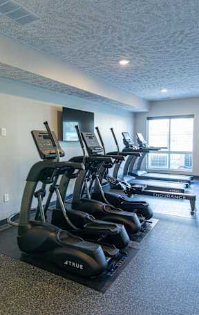 A gym with treadmills and elliptical machines.