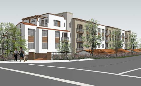 A rendering of a modern apartment complex with people walking in front.