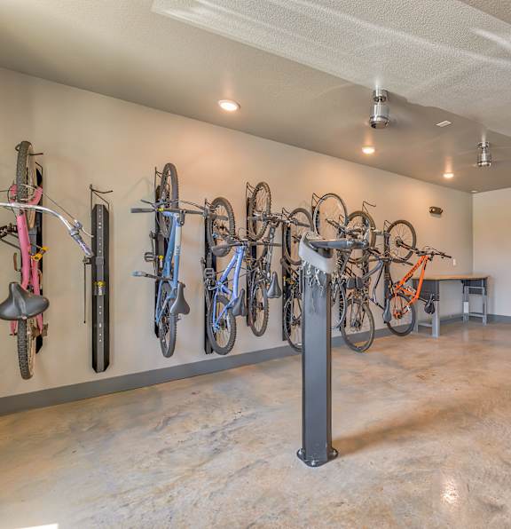 A room with a wall of bicycles and a bench.