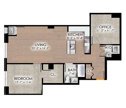 Floor Plan  One bedroom floor plan with home office space at Park Bayonne Apartments, Bayonne, New Jersey