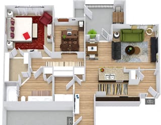 Guadalupe with Attached Garage 3D. 1 bedroom apartment with study room. Kitchen with island open to living/dinning rooms. 1 full bathroom with double vanity. Walk-in closet. Patio/balcony.