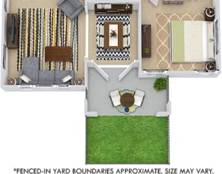 Paris with Fenced-in Yard 3D. 1 bedroom apartment. Kitchen with island open to living/dining rooms. 1 full bathroom. Walk-in closet. Patio/balcony open to yard.
