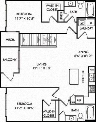 The Evans. 2 bedroom apartment. 1st floor entry. Kitchen with island open to living/dinning rooms. 2 full bathrooms. Walk-in closets. Patio/balcony.