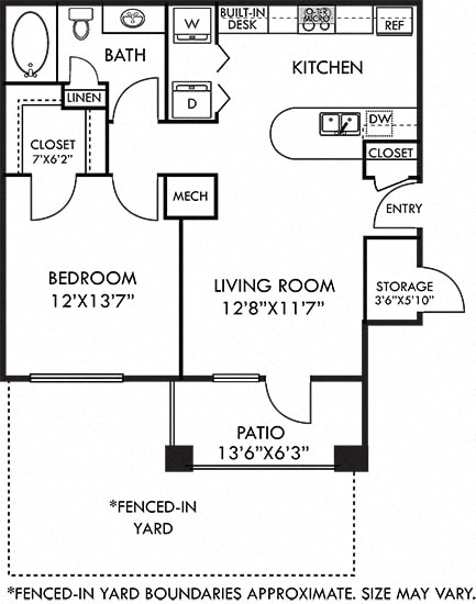 San Sebastian + Fenced-in Yard. 1 bedroom apartment. Kitchen with bartop open to living room. 1 full bathroom. Walk-in closet. Patio/balcony open to yard. External storage.