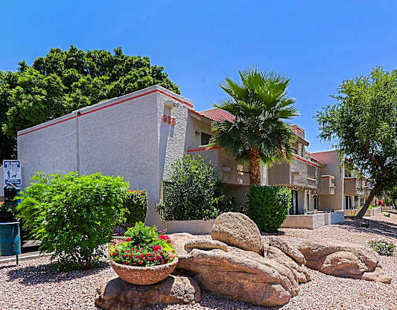 A house with a red roof and a palm tree in front.