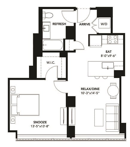1 Bad 1 Bath Floor Plan with 691 Sq. Ft. at The Elle Apartments, Chicago, IL