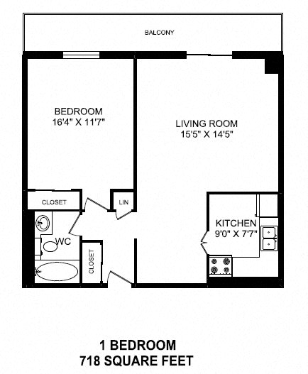 One bedroom, one bathroom apartment layout at St. Lawrence Village in St. Catharines, ON
