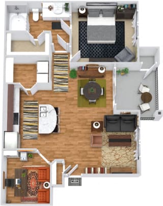 The Pecan 3D. 1 bedroom apartment. Kitchen with island open to living/dinning rooms. 1 full bathroom. Walk-in closet. Flex room/den. Patio/balcony.