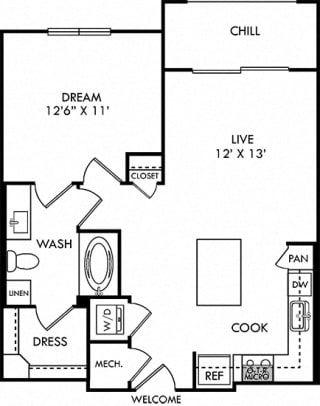 Hamer Hamer 1 Bedroom apartment floor plan. in-unit stacked washer/dryer, Lshaped kitchen with island open to Living area. hallway closet, 1 bathroom with linen cabinet and walk-in closet. Balcony.