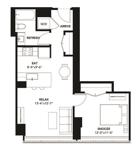 1 Bad 1 Bath Floor Plan with 638 Sq. Ft. at The Elle Apartments, Chicago, IL, 60605