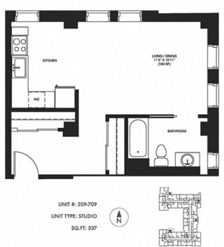 Studio 537 sqft Floor Plan at Somerset Place Apartments, Chicago, 60640