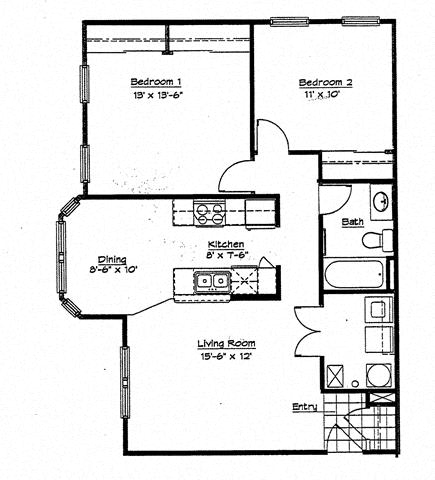 2 Bedroom 1 Bath-2D Floorplan-Murphy Park Apartments St. Louis, MO