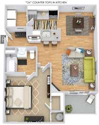 Avery 3D. 1 bedroom apartment. Kitchen with bartop open to living/dinning rooms. Fire place. 1 full bathroom. Walk-in closet. Patio/balcony.
