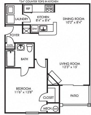 Avery. 1 bedroom apartment. Kitchen with bartop open to living/dinning rooms. Fire place. 1 full bathroom. Walk-in closet. Patio/balcony.