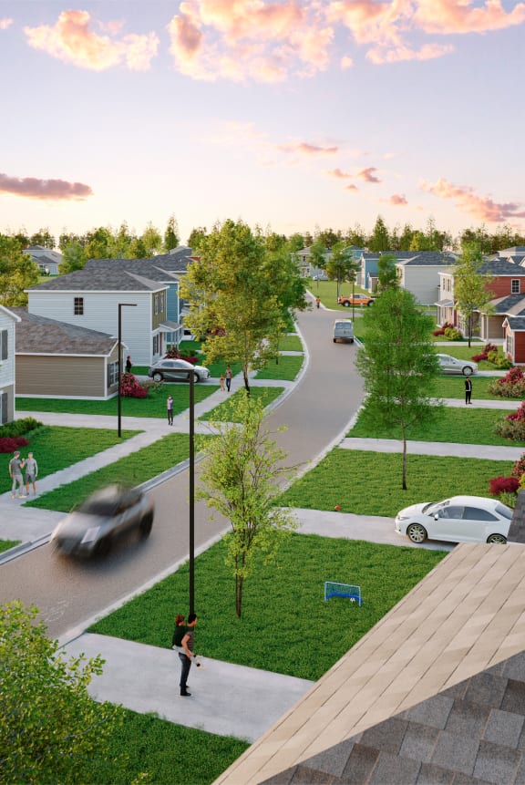 Aerial rendering of Outpost Orchard neighborhood in Foley, Alabama, showcasing tree-lined streets with cars and residents engaging in various activities.
