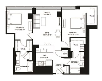2 Bad 2 Bath Floor Plan with 1,143 Sq. Ft. at The Elle Apartments, Chicago, 60605