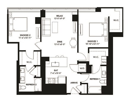 2 Bad 2 Bath Floor Plan with 1,143 Sq. Ft. at The Elle Apartments, Chicago, 60605