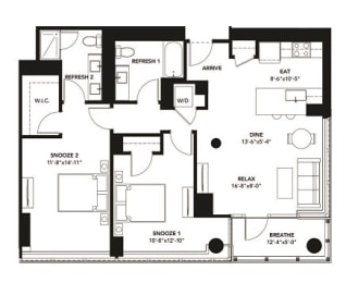 2 Bad 2 Bath Floor Plan with 1,130 Sq. Ft. at The Elle Apartments, Chicago, IL, 60605