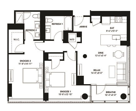 2 Bad 2 Bath Floor Plan with 1,130 Sq. Ft. at The Elle Apartments, Chicago, IL, 60605