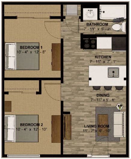 2 Bedroom 610 Sq Foot Floor Plan at -The Lodge-, Boulder, Colorado