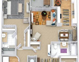 Brighton 3D. 2 bedroom apartment. Kitchen with eating area. 2 full bathrooms, shower stall in master. Two closets in master. Patio/balcony.