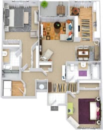 Brighton 3D. 2 bedroom apartment. Kitchen with eating area. 2 full bathrooms, shower stall in master. Two closets in master. Patio/balcony.