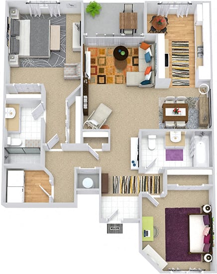 Brighton 3D. 2 bedroom apartment. Kitchen with eating area. 2 full bathrooms, shower stall in master. Two closets in master. Patio/balcony.