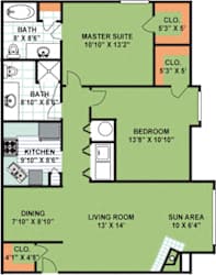 Floor Plan Two Bedroom Two Bath (1,160 Square Feet)