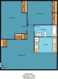 2 Bedroom 1 Bath Floor Plan 722sqft at Kentwood Apartments, Kent, WA