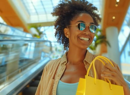 a woman holding a bag and smiling while standing on an escalator