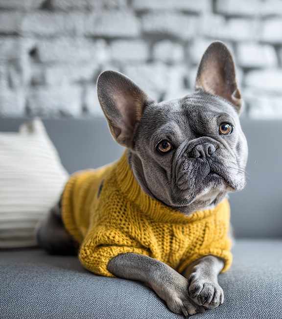 A dog wearing a yellow sweater is sitting on a grey couch.