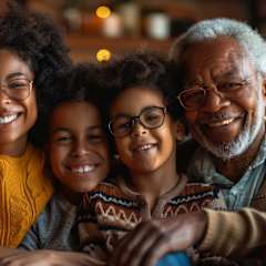 A family of three is sitting closely together, sharing a warm and happy moment.