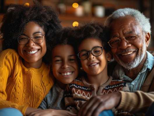A family of three is sitting closely together, sharing a warm and happy moment.