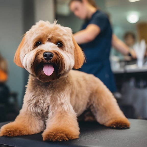 a dog on a grooming table at a dog salon