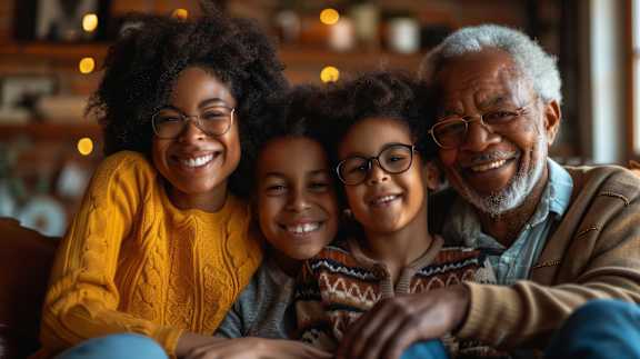 A family of three is sitting closely together, sharing a warm and happy moment.