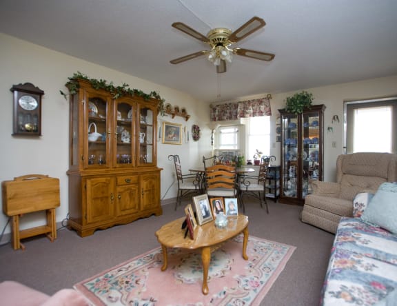 a living room with a couch and a table