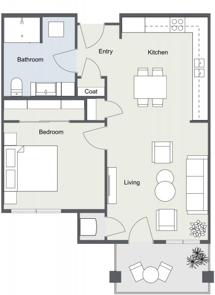 2D floor plan for 1 Bedroom, 1 Bathroom Apartment as Aspen Ridge