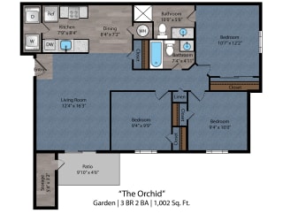 3 bed  2 bath floor plan at Bayside Apartment Homes, Ohio