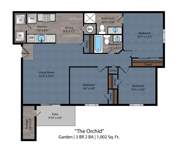 3 bed  2 bath floor plan at Bayside Apartment Homes, Ohio